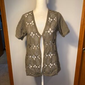 WinterSilks Crochet Cardigan Sweater Olive Green Cotton Open‎ Knit cottagecore M